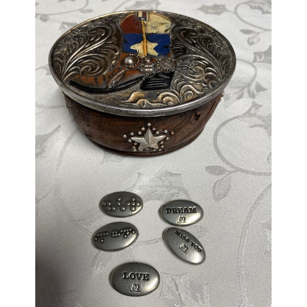 Vintage Western Cowboy Boot Trinket box with 5 Braille Pocket Worry Stones Set